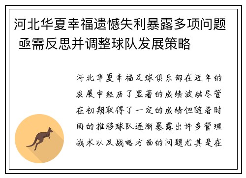 河北华夏幸福遗憾失利暴露多项问题 亟需反思并调整球队发展策略