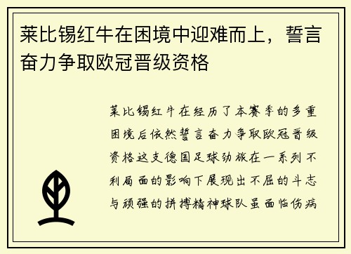 莱比锡红牛在困境中迎难而上，誓言奋力争取欧冠晋级资格